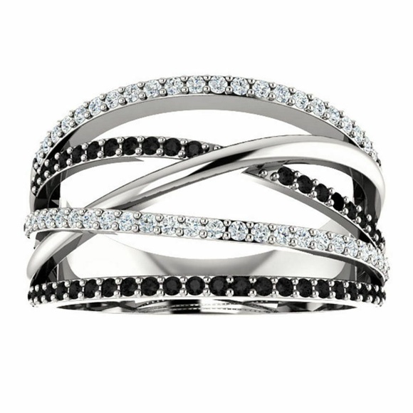 Multi Rows 925 Silver White & Black Sapphire Ring - Picture 2 of 5